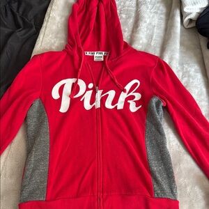 PINK Victoria's Secret Red and Gray Hoodie Sweatshirt